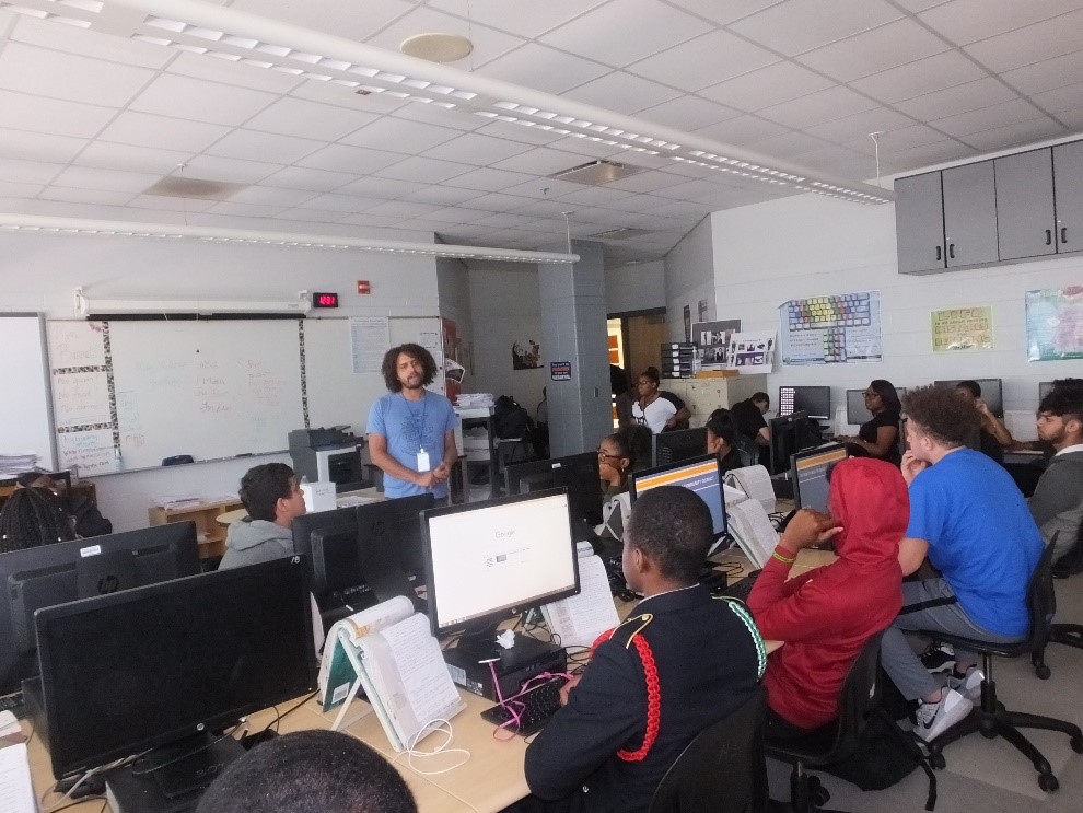 James Ratliff discussing his career at GE Power in a classroom full of students at Cyber Career Day 3