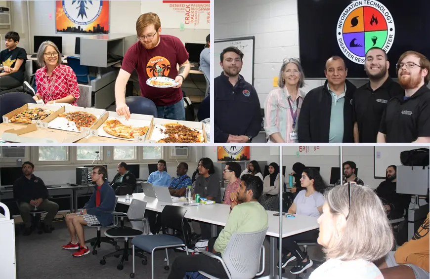 cybersecurity club hanging out with pizza, club meetings with speakers and posing in a group during a competition