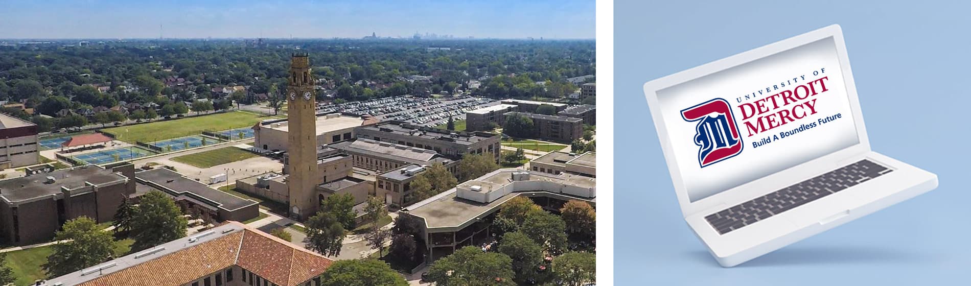 Detroit Mercy aerial shot with a graphic of a laptop and Detroit Mercy logo