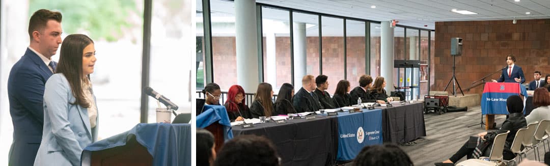 Law, two students presenting to the Supreme Court justices