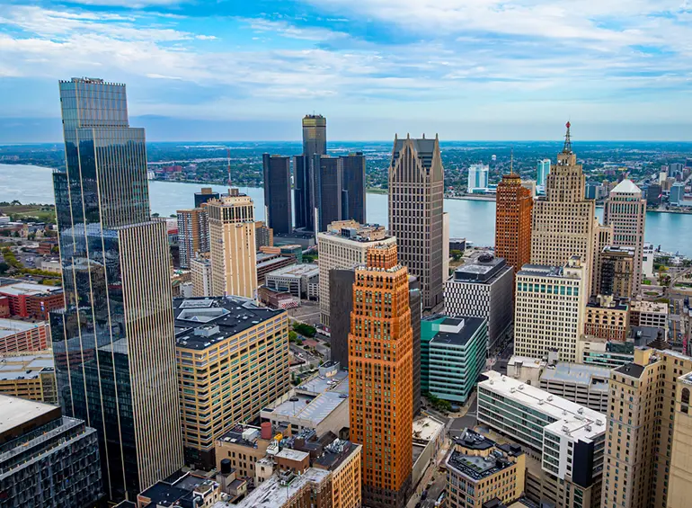 detroit aerial over hudsons and  penobscot buildings and the rencen on the river
